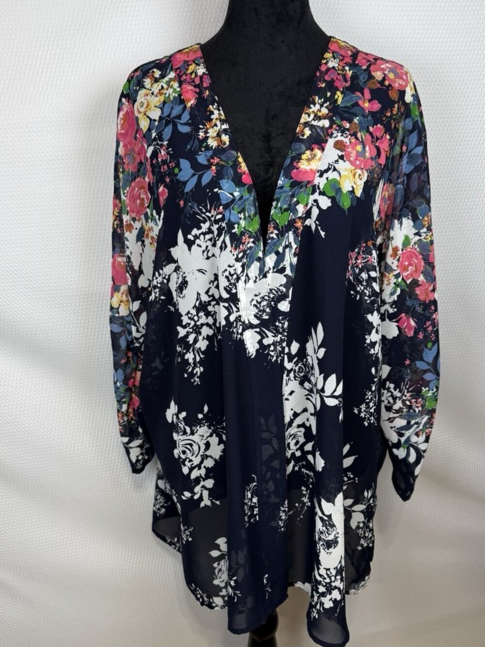 Roz & Ali Kimono Cardigan Womens 2X Plus Pink Blue Floral Sheer Open Front Boho